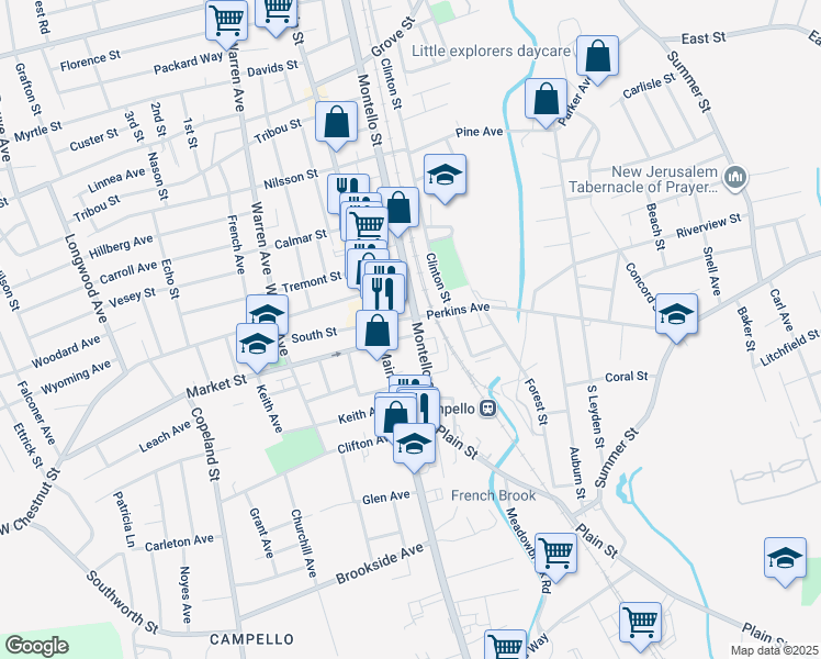 map of restaurants, bars, coffee shops, grocery stores, and more near 10 East Market Street in Brockton
