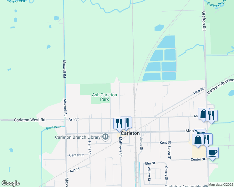 map of restaurants, bars, coffee shops, grocery stores, and more near 12921 Matthews Street in Carleton