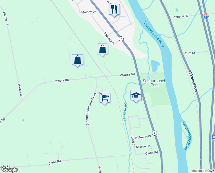 map of restaurants, bars, coffee shops, grocery stores, and more near 1056 Powers Road in Conklin