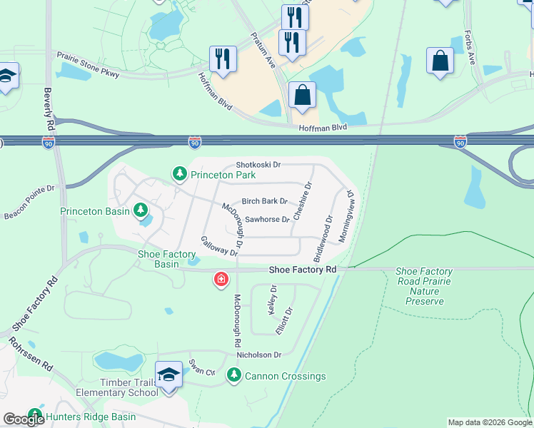 map of restaurants, bars, coffee shops, grocery stores, and more near 5260 Sawhorse Drive in Hoffman Estates