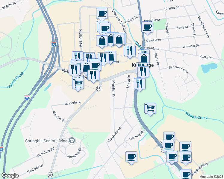 map of restaurants, bars, coffee shops, grocery stores, and more near 6026 Meridian Dr in Erie