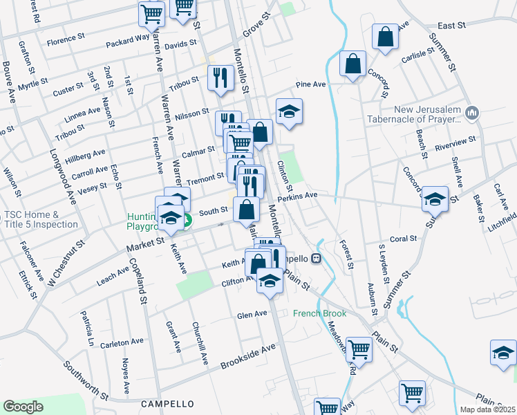 map of restaurants, bars, coffee shops, grocery stores, and more near 10 East Market Street in Brockton