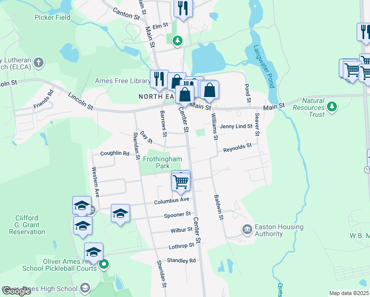 map of restaurants, bars, coffee shops, grocery stores, and more near 55 Center Street in Easton