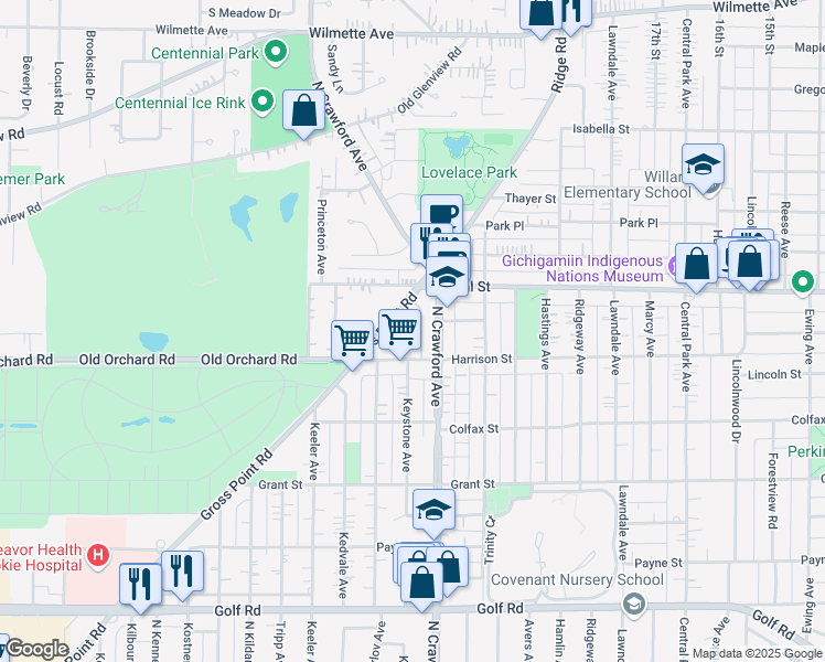 map of restaurants, bars, coffee shops, grocery stores, and more near 3453 Harrison Street in Evanston