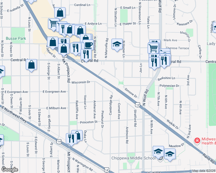map of restaurants, bars, coffee shops, grocery stores, and more near 330 Wisconsin Drive in Des Plaines