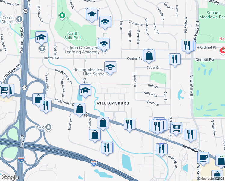 map of restaurants, bars, coffee shops, grocery stores, and more near 2830 Northampton Drive in Rolling Meadows