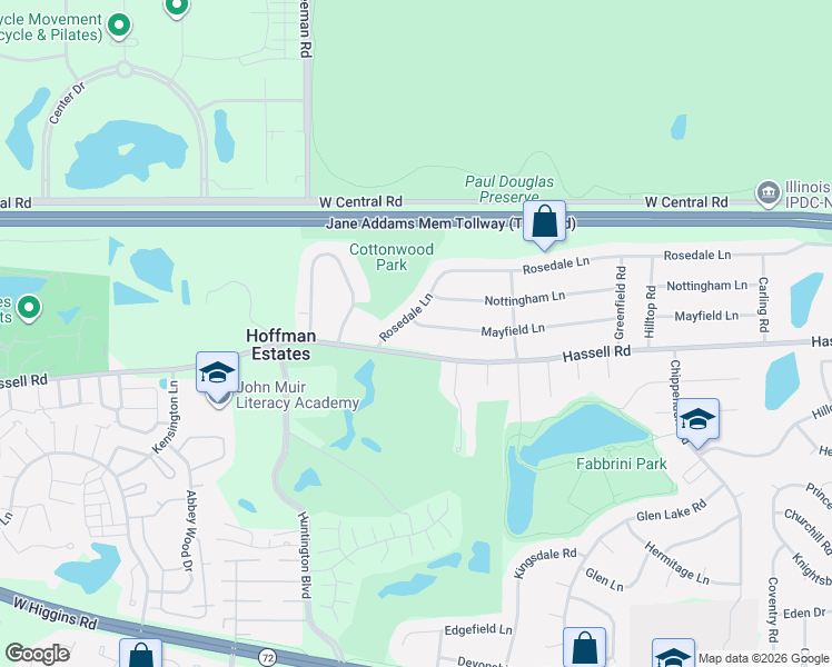 map of restaurants, bars, coffee shops, grocery stores, and more near 1530 Hassell Road in Hoffman Estates