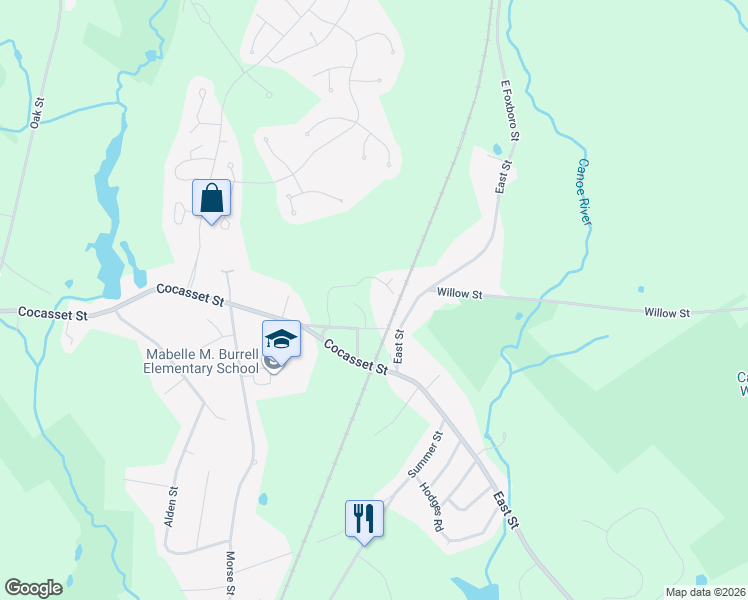 map of restaurants, bars, coffee shops, grocery stores, and more near 20 Community Way in Foxborough