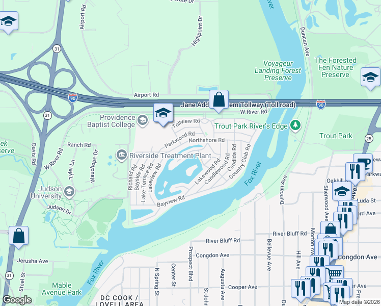 map of restaurants, bars, coffee shops, grocery stores, and more near 227 Big Peninsula Road in Elgin