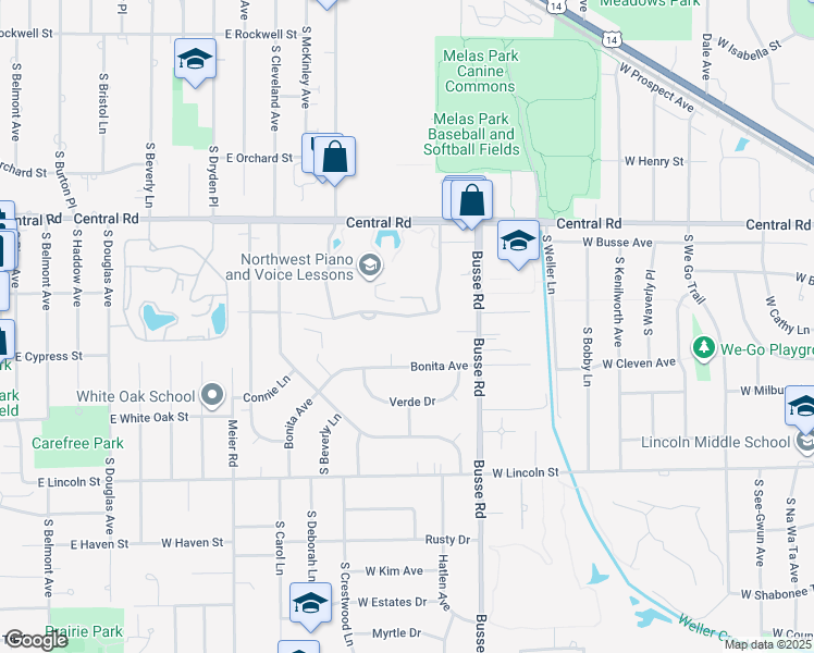map of restaurants, bars, coffee shops, grocery stores, and more near 1605 East Central Road in Arlington Heights