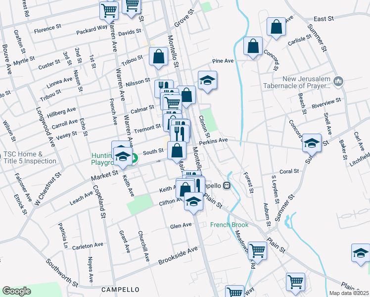 map of restaurants, bars, coffee shops, grocery stores, and more near 10 East Market Street in Brockton