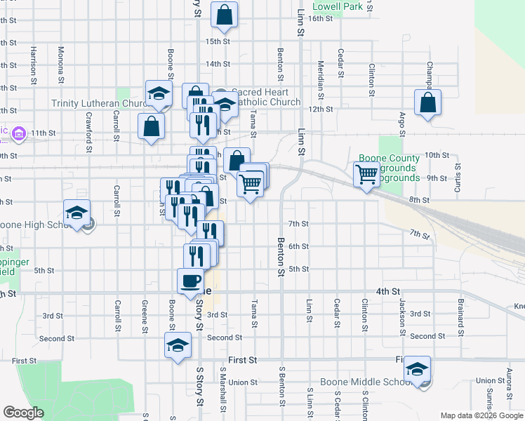 map of restaurants, bars, coffee shops, grocery stores, and more near 1115 7th Street in Boone