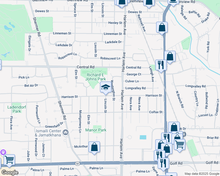 map of restaurants, bars, coffee shops, grocery stores, and more near 1938 Harrison Street in Glenview