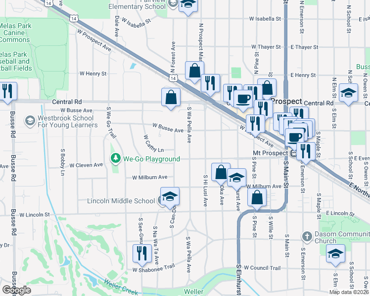 map of restaurants, bars, coffee shops, grocery stores, and more near 121 South Wa Pella Avenue in Mount Prospect