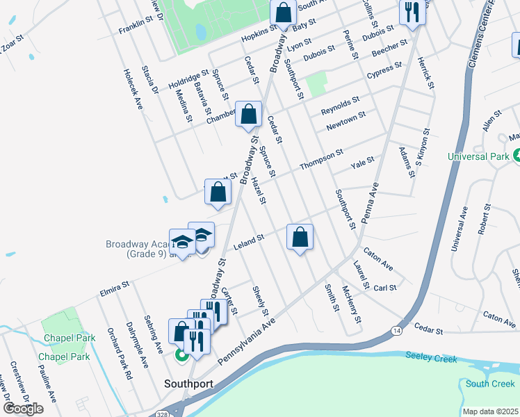 map of restaurants, bars, coffee shops, grocery stores, and more near 820 Hazel Street in Elmira
