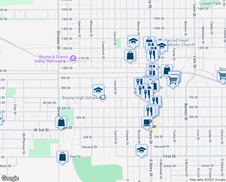 map of restaurants, bars, coffee shops, grocery stores, and more near 721 Carroll Street in Boone