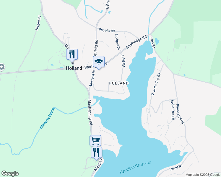 map of restaurants, bars, coffee shops, grocery stores, and more near 20 Old Acres Road in Holland