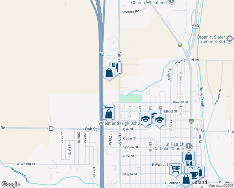 map of restaurants, bars, coffee shops, grocery stores, and more near 1605 16th Street in Wheatland