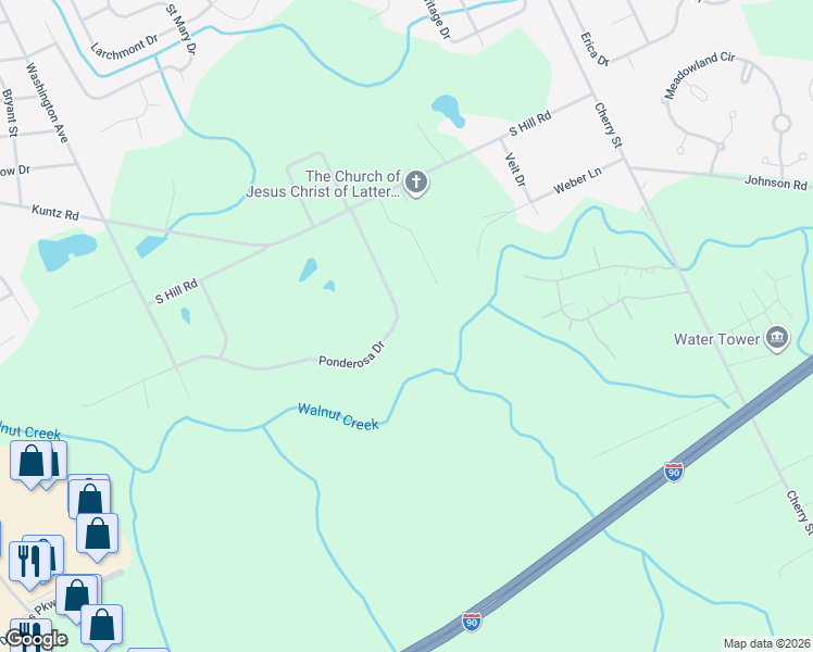 map of restaurants, bars, coffee shops, grocery stores, and more near 1201 Ponderosa Drive in Erie