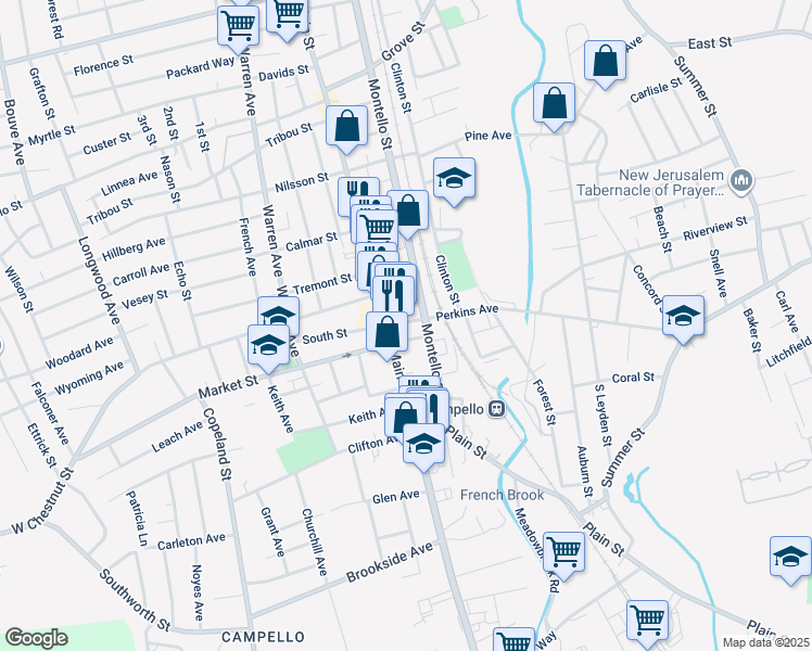 map of restaurants, bars, coffee shops, grocery stores, and more near 10 East Market Street in Brockton