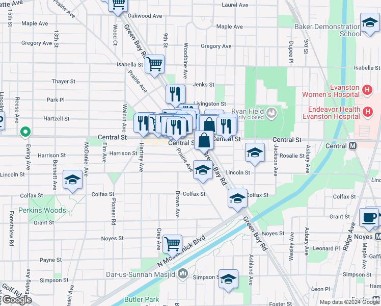 map of restaurants, bars, coffee shops, grocery stores, and more near 2455 Prairie Avenue in Evanston