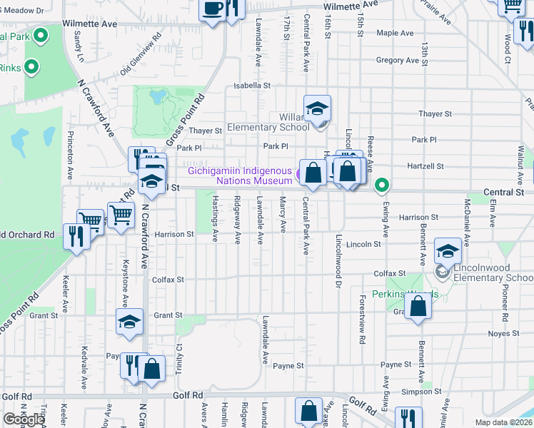 map of restaurants, bars, coffee shops, grocery stores, and more near 2509 Lawndale Avenue in Evanston