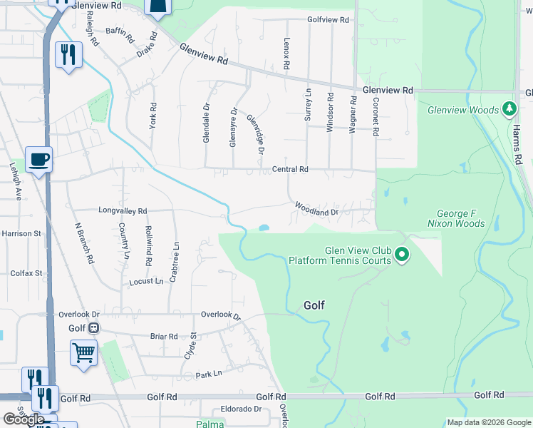 map of restaurants, bars, coffee shops, grocery stores, and more near 1037 Woodland Drive in Glenview