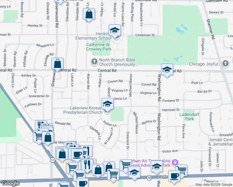 map of restaurants, bars, coffee shops, grocery stores, and more near 2928 Jerrie Lane in Glenview