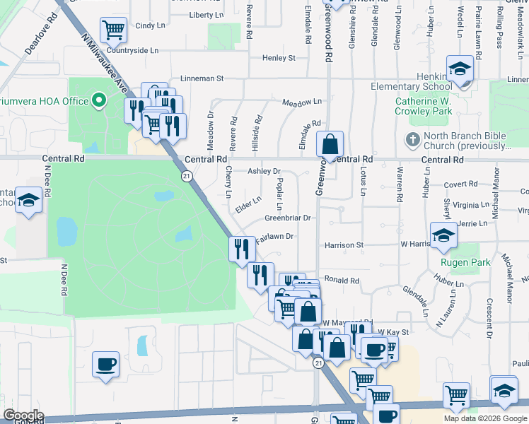 map of restaurants, bars, coffee shops, grocery stores, and more near 3407 Greenbriar Drive in Glenview