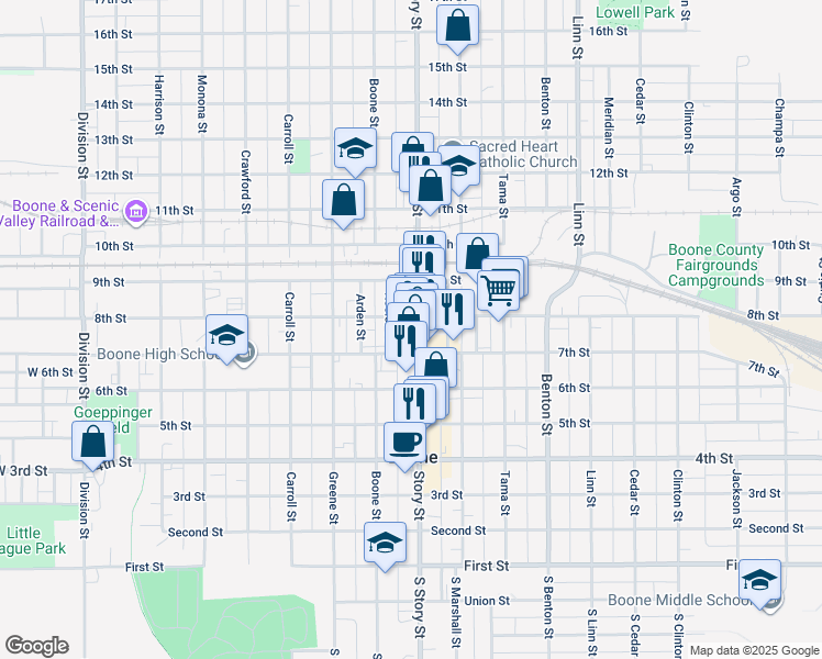 map of restaurants, bars, coffee shops, grocery stores, and more near 705 Story Street in Boone