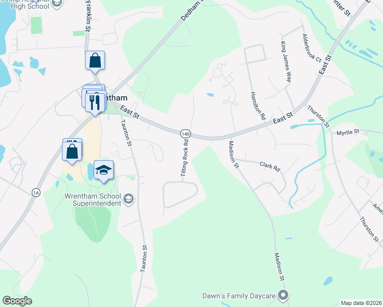 map of restaurants, bars, coffee shops, grocery stores, and more near 25 Tilting Rock Road in Wrentham