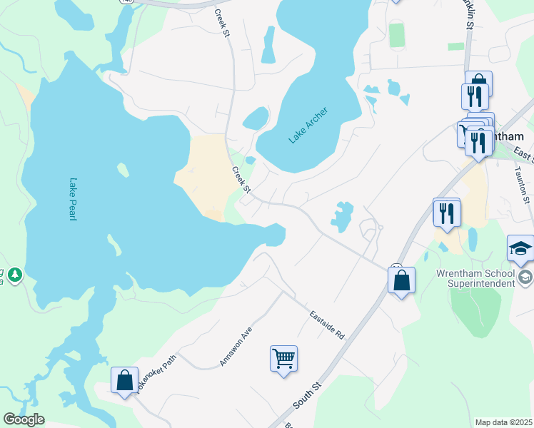 map of restaurants, bars, coffee shops, grocery stores, and more near 147 Creek Street in Wrentham