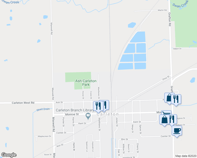 map of restaurants, bars, coffee shops, grocery stores, and more near 12950 Matthews Street in Carleton