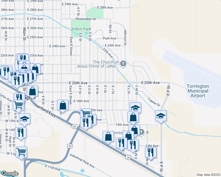 map of restaurants, bars, coffee shops, grocery stores, and more near 1800-1998 East J Street in Torrington