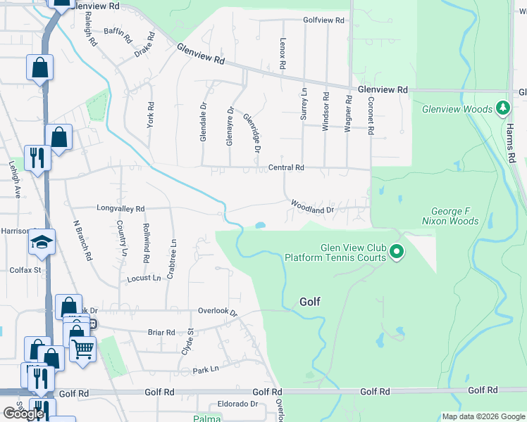 map of restaurants, bars, coffee shops, grocery stores, and more near 1037 Woodland Drive in Glenview