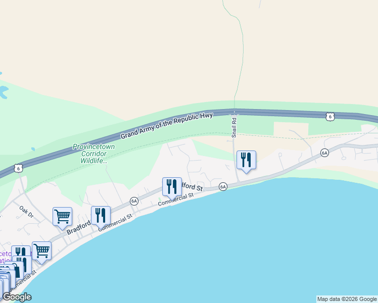map of restaurants, bars, coffee shops, grocery stores, and more near 10 Thistlemore Road in Provincetown