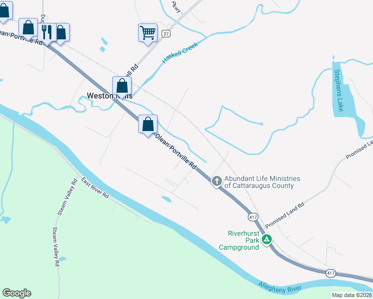 map of restaurants, bars, coffee shops, grocery stores, and more near 1378 Olean-Portville Road in Olean