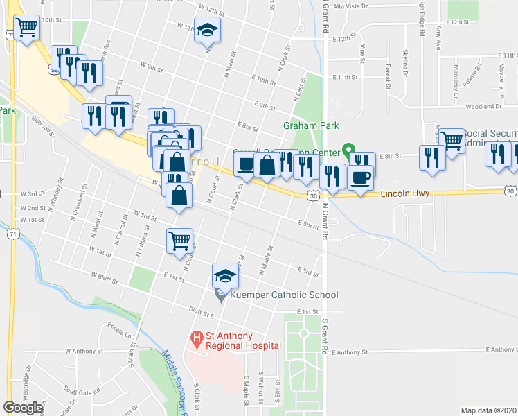 map of restaurants, bars, coffee shops, grocery stores, and more near 509 North Carroll Street in Carroll