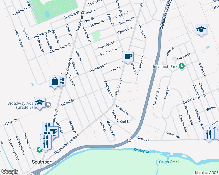 map of restaurants, bars, coffee shops, grocery stores, and more near 901 Southport Street in Elmira