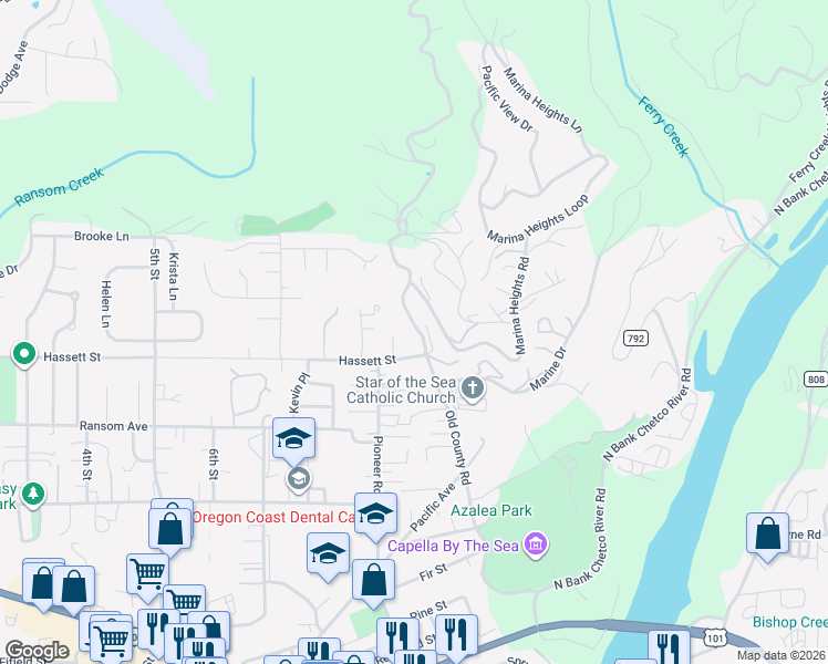 map of restaurants, bars, coffee shops, grocery stores, and more near 506 Hassett Street in Brookings