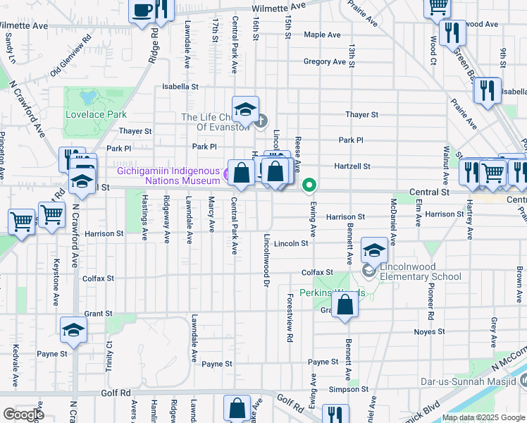 map of restaurants, bars, coffee shops, grocery stores, and more near 2533 Harrison Street in Evanston