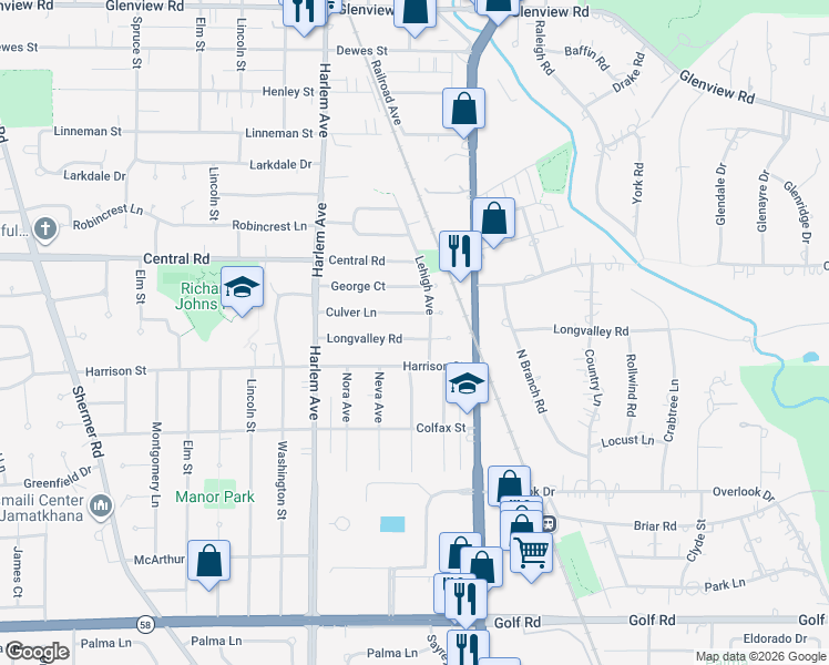 map of restaurants, bars, coffee shops, grocery stores, and more near 1763 Longvalley Road in Glenview