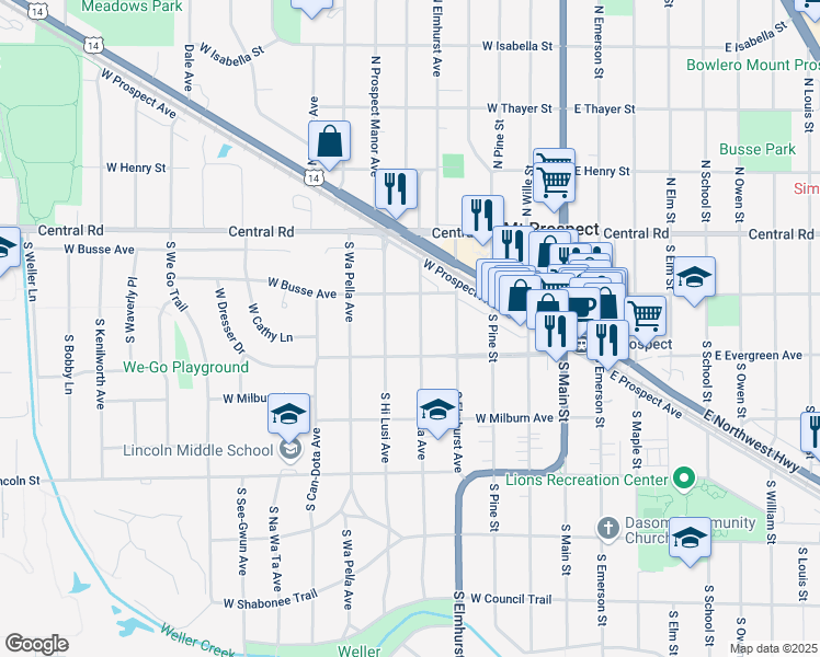 map of restaurants, bars, coffee shops, grocery stores, and more near 121 South Hi Lusi Avenue in Mount Prospect