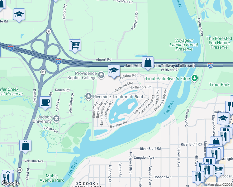 map of restaurants, bars, coffee shops, grocery stores, and more near 227 Big Peninsula Road in Elgin
