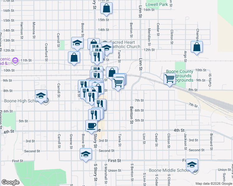 map of restaurants, bars, coffee shops, grocery stores, and more near 1005 7th Street in Boone