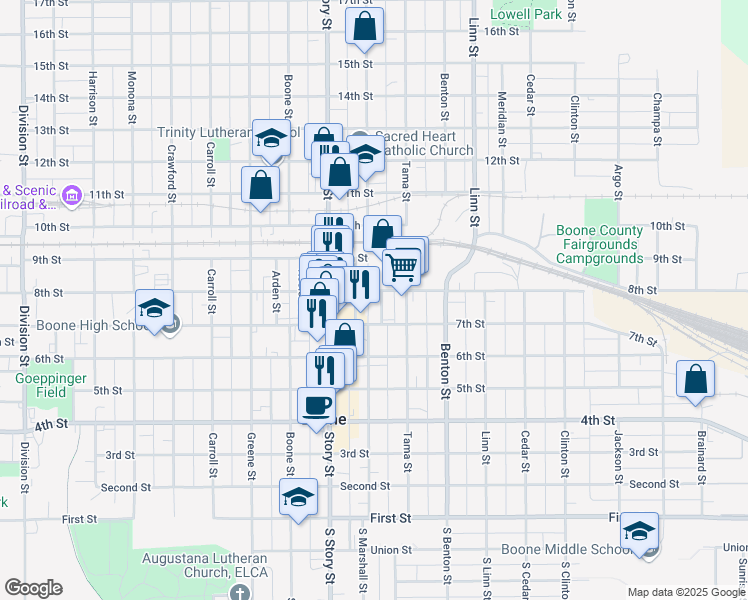 map of restaurants, bars, coffee shops, grocery stores, and more near 1005 7th Street in Boone