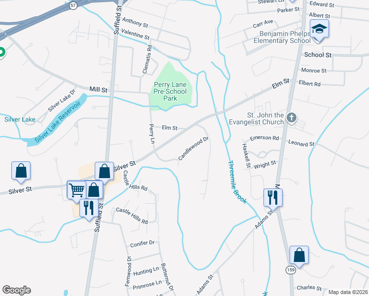 map of restaurants, bars, coffee shops, grocery stores, and more near 66 Candlewood Drive in Agawam