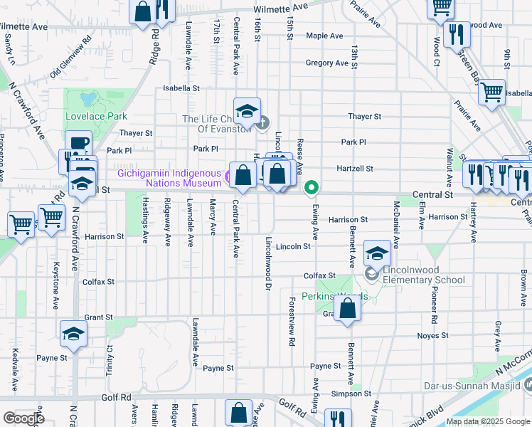 map of restaurants, bars, coffee shops, grocery stores, and more near 2533 Harrison Street in Evanston