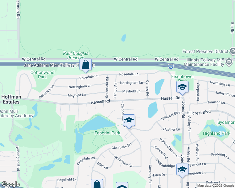 map of restaurants, bars, coffee shops, grocery stores, and more near 1160 Hassell Road in Hoffman Estates