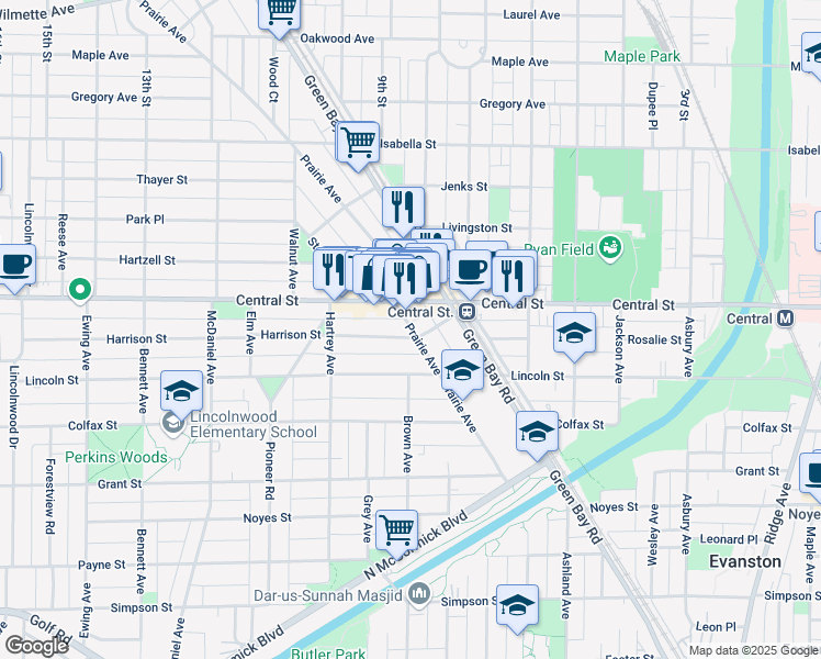 map of restaurants, bars, coffee shops, grocery stores, and more near 2008 Harrison Street in Evanston